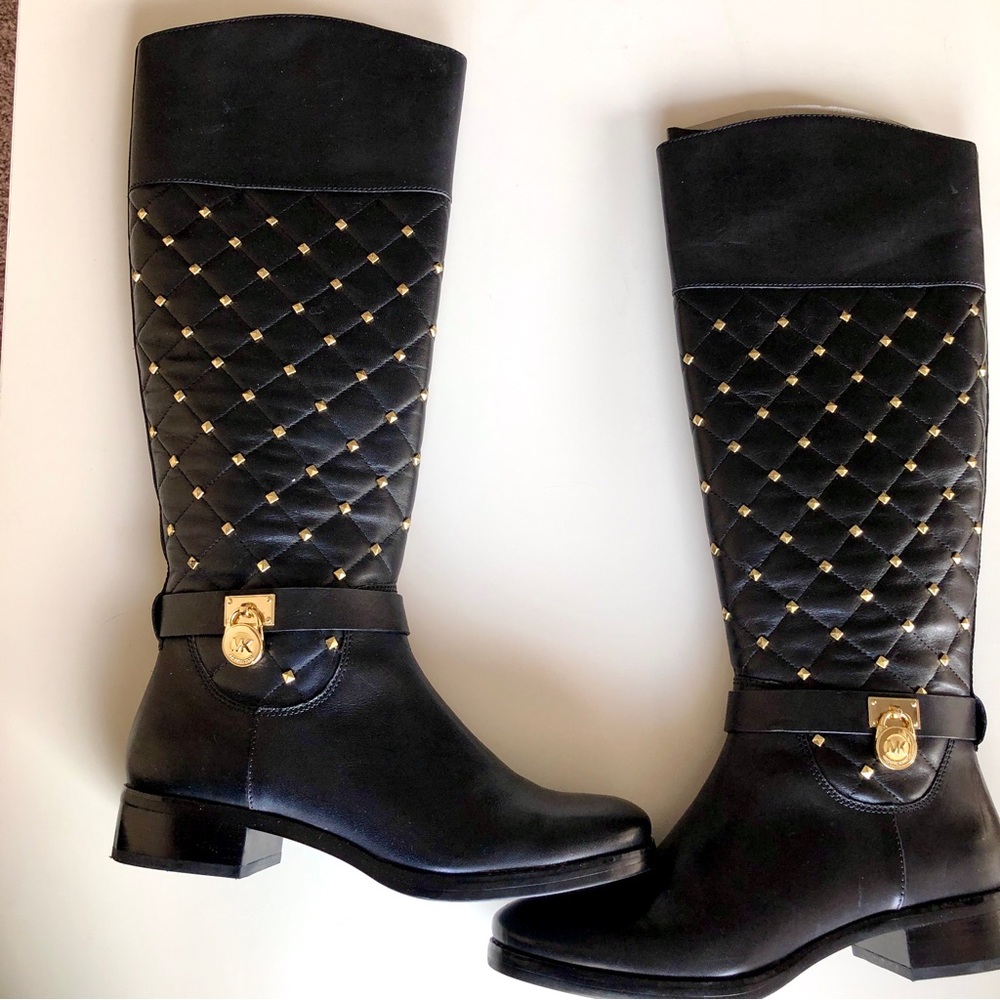 LE like new MK Michael Kors Hamilton gold stud quilted leather riding boots